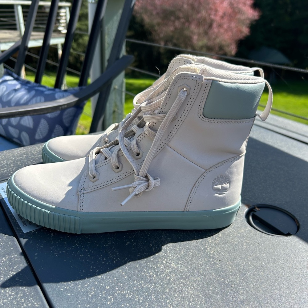 Timberland Cream and Mint High-Top Sneakers